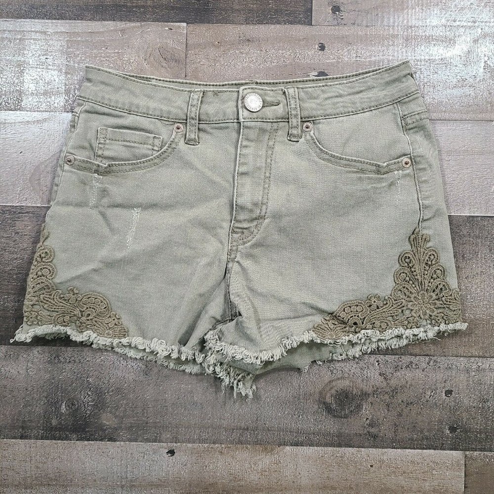 Aeropostale Shorty Shorts Womens 0 Green Hot Pants High Waisted Lace Rinse Denim